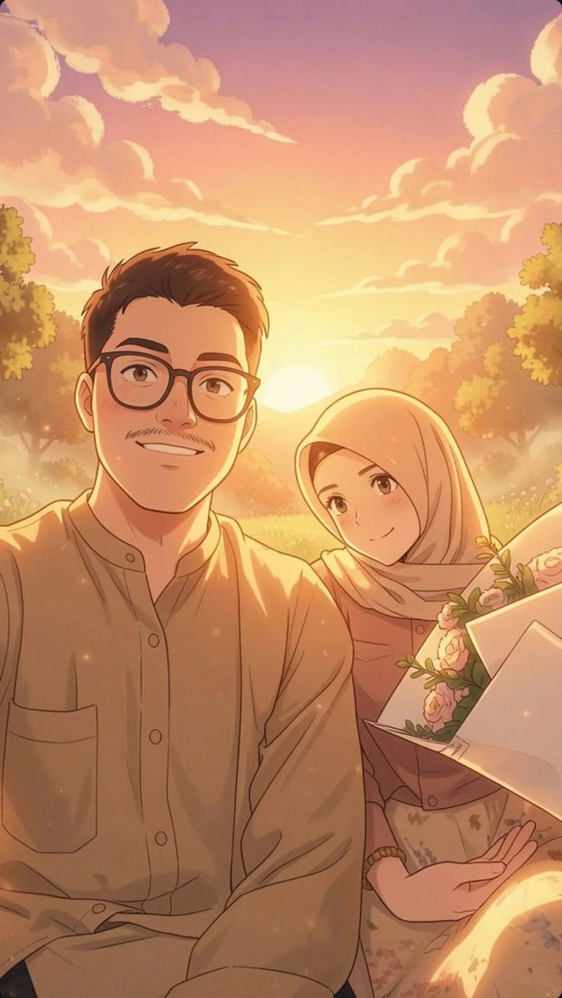 Ilustrasi Alfin dan Kiki berdampingan saat matahari terbenam